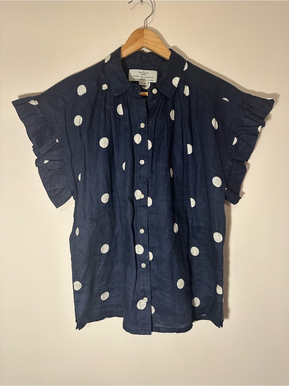 Trovata “Marianne B” Ruffle Sleeve Shirt | Blue Polka Dot | XS | NWOT